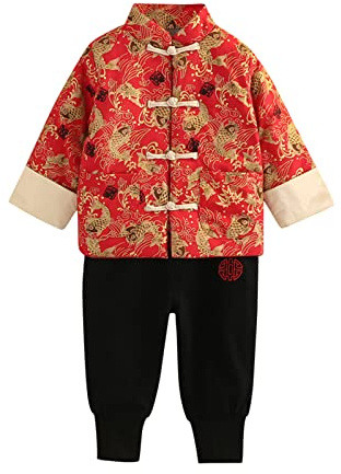 Generisch Nouvel An chinois Veste matelassée festive pour garçon avec t-shirt à manches longues, pantalon d'hiver doublé, tenue chaude pour enfants pour les tout-petits, rouge, 3-4 ans