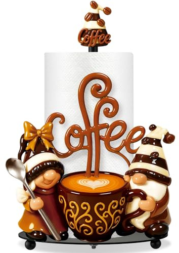 Thyle Coffee Gnomes Bar Decor Paper Towel Holder with Round Base Countertop Cute Rustic Gnome Kitchen Bathroom Decorative Paper Towel Holder Stand for Coffee Lovers Gifts Toilet Home Accessories