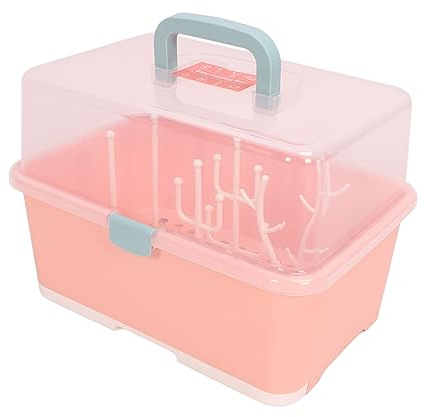SPYMINNPOO Support de Séchage de Biberons Portable, Assemblage Facile, Organisateur D'allaitement pour bébé, Maison avec Couvercle et Poignée (Rose implicite)