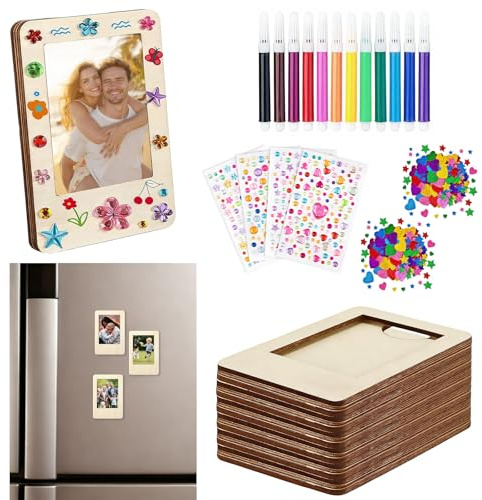 CECOMBINE 10 Stück Magnet Bilderrahmen Holz, 9,5 x 6,5 CM, Klein Holzbilderrahmen mit Glitzersteine Sticker für Kinder, DIY Bastelsets für Kühlschrank, Fotomagnete für Polaroid Instax Mini Film