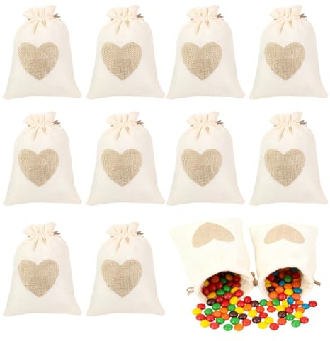 LKJAUOZ 10Pcs Motif de Coeur Sachets en Toile de Jute Pochettes 10 * 8CM, Petit Pochon Dragees pour Dragees Mariage pour Bonbons Adeaux Cadeau Baptême Anniversaire Noël Pâques
