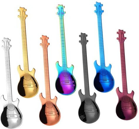 SEWOART Ensemble de 7 Cuillères à Café Créatives en Acier Inoxydable 304 Multicolores de Guitare Petites Cuillères à Café Thé et Desserts pour Maison Cuisine