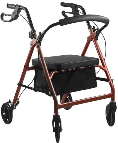 iCAN R-24 Ultra Lightweight Folding Rollator – Aluminium 4-Wheel Walking Aid with Padded Seat, Backrest & Adjustable Handles – Indoor & Outdoor Mobility Walker (Red)