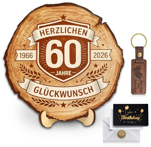 Baumscheibe mit Gravur inkl. Ständer, Geschenk 60 Geburtstag | Frau Mann 1966-2026, Geldgeschenke Geburtstag Holzscheiben Deko mit 1 Schlüsselanhänger 1 Grußkarte 1 Umschlag & 1 Aufkleber