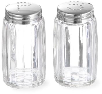 HENDI Juego de salero y pimentero, 2 piezas, utensilio de sal y pimienta de cocina mesa, con tapas de acero inoxidable con orificios dispensadores en forma de S y P, ⌀40x(H)70mm, vidrio, transparente