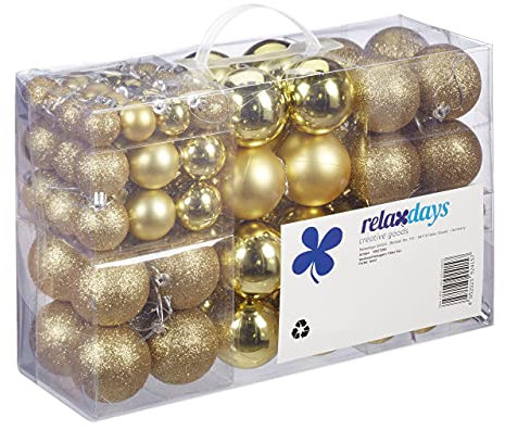 Relaxdays Julgranskulor, set om 100, juldekoration, matt, glänsande, glittrande, julgranskula Ø 3, 4 och 6 cm, guld