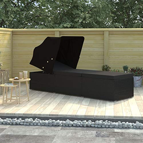 Tidyard Gartenliege Sonnenliege Poly Rattan mit Kappbaren Sonnendach und Auflage, Liegestuhl Relaxliege für Garten Terrasse Schwimmbad, Beidseitig Verstellbar, Schwarz