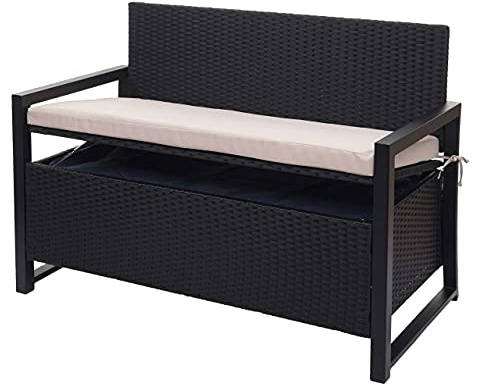 Mendler Poly-Rattan 2er Sitzbank HWC-F39 - anthrazit, Kissen beige | Gartenbank, Truhenbank, Staufach, Aufbewahrung, Sitzkissen