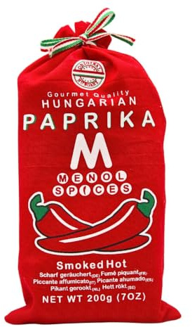 Menol Spices Paprika Fumé Fort 200g, Poudre de Paprika Hongrois | Paprika fumé et fort, fumée de hêtre, jamais amer, sachet en tissu, pour chorizo, paella et barbecue