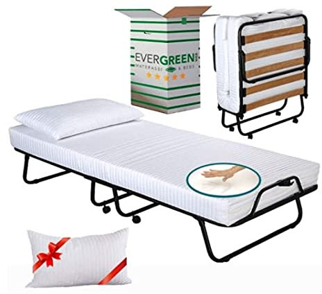 EVERGREENWEB Klappbett 90x200 mit Matratze aus Memory Foam, Höhe 12 cm + Visco Kissen GRATIS, Lattenrost aus Holz, Stabiler Metall-Rahmen mit Rollen und Bequeme Matratze, Platzsparend Klappbett