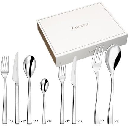 COUZON - Ménagère 74 couverts de table en coffre bois pour 12 personnes - Side - Acier inoxydable 18/10, Finition Miroir, Epaisseur 3.5 mm - Inox