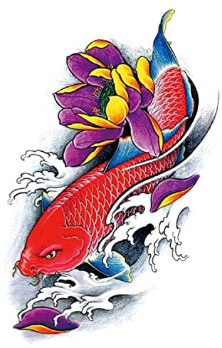 JSHEN 7 Hojas Tatuajes Temporales Carpa Roja, Dragón 14,8x21cm Tatuajes Adhesivos Mujeres/Hombres, Cuello/Brazo/Piernas Trasero Tatuaje Temporal, Niños Niñas Realista Kit Tatuajes Falsos