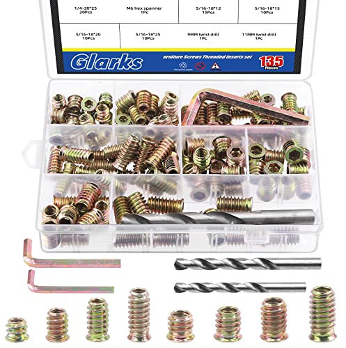 Glarks 134Pcs 1/4-20 5/16-18 Furniture Screw in Nut Threaded Inserts Assortment Kit, 10/12/15/20/25mm Wood Inserts Bolt Fastener Connector Hex Socket Drive with Twist Drill and Hex Wrench Set