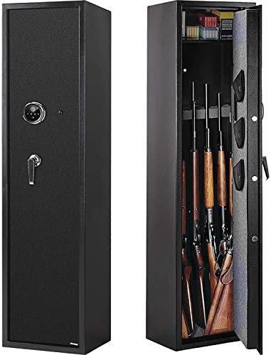 BEZAX Safe Box, Fireproof & Waterproof, Biometric Lock, Steel, Black, Safe for 5 Rifle & Shotgun, 3 Handgun Pocket, Alarm System, Push Button Control