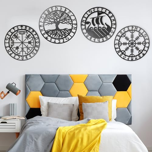 Arsey 4 stycken viking trä kompass livets träd Vegvisir krigsfartyg väggskulpturer gåvor för män vardagsrum, sovrum, hall och trappa, svart