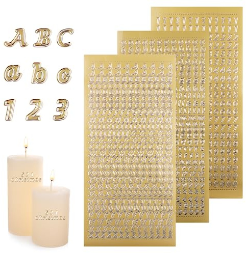 Wachsbuchstaben für Kerzen, 3 Blatt Buchstaben Aufkleber Zahlen (Gold) | Wachszahlen Sticker, Klebebuchstaben für Taufe Kommunion Hochzeit Fotoalbum Scrapbook