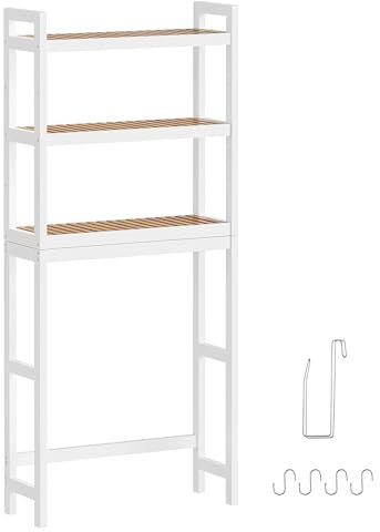 SONGMICS Toilettenregal, Badezimmerregal, Waschmaschinenregal, 3-stöckiges Badregal aus Bambus, verstellbare Ablage, für die meisten Toiletten, platzsparend, wolkenweiß-naturbeige BTS001W02