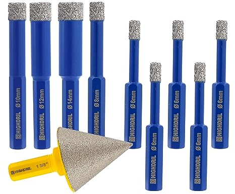 HIGHDRIL Diamond Hole Saw Kit - (6/6/6/6/6/8/10/12/14mm+35mm Hex Chamfer) Diamond Core Drill Bit Set for Porcelain Ceramic Granite Marble Hard Materials (Hex shank)