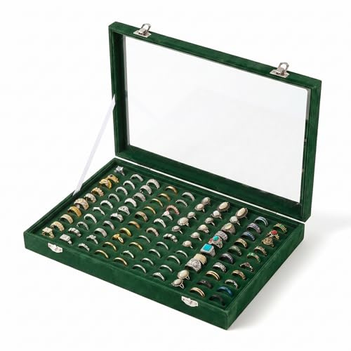 Frebeauty Ring Organizer Tablett - 100 Slots Halter Mit Klarem Deckel, Samt Aufbewahrungsbox für Juweliergeschäft, Display Case für Schmuck Show Box für Frauen(Dunkelgrün)
