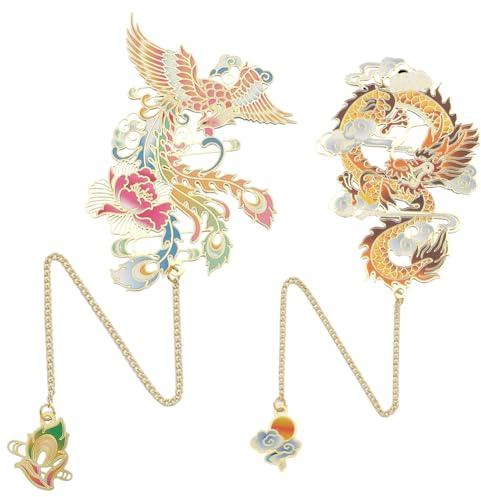 GORGECRAFT 2 Stil Chinesischer Drache Und Phönix Messing Metall Lesezeichen Vintage Lesezeichen Dekor Metalletikett Anhänger Für Besondere Feiertage Frauen Weihnachten Geburtstagsgeschenke