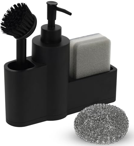 Dadabig Spülbecken Organizer, Seifenspender Set, Seifenspender Spülschwamm mit Bürste Reinigungsbürste aus Edelstahl und Schwamm, Waschbecken Organizer Küche, Spülorganizer Küche(schwarz)