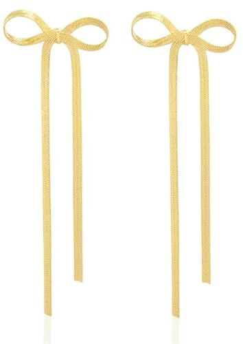 Aucuu Boucles d’Oreilles à Nœud, Boucles d’Oreilles à Nœud en Argent Doré, Boucles d'Oreilles Pampilles, Pompon Dangling Bow Ribbon Earings, Longue Chaîne Balancent Goutte Gland Boucles d'Oreilles