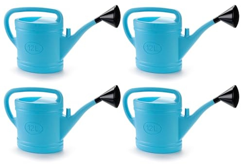 Tradineur - Pack de 4 Regaderas de plástico - Capacidad 12 litros - Utensilios de jardinería, riego, casa, balcón, terraza, Patio - Color Azul