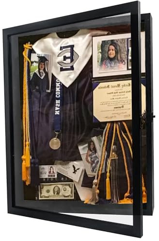 Hodeframe Shadow Box Frame 13x16, Large Wood Shadow Box Display Case with Glass Window Metal Lock, Memory Box for Memorabilia Awards Medals Photos Black