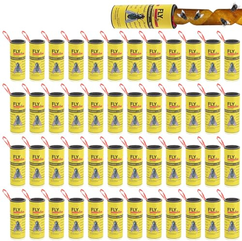 Lot de 48 rouleaux attrape-mouches, pièges à mouches en papier, piège à mouches à fruits, ruban adhésif pour l'intérieur et l'extérieur