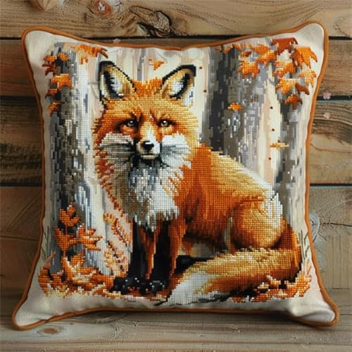 kitphoenix Kit Crochet de Verrouillage Renard Tapis DIY Broderie Kit Tapis Point Noué à Faire pour Débutants, Adultes ou Enfants,Latch Hook Canevas Coussin Point 43x43cm