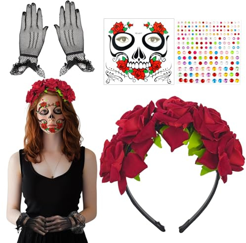 Blumen Haarreif Rot,Karneval Tag der Toten Rosen Haarreifen Damen | Rosen Party Kopfschmuck mit Gesichtstatto Spitzenhandschuhe Rot Blumen Kronen für Karneval, Tag der Toten, Halloween