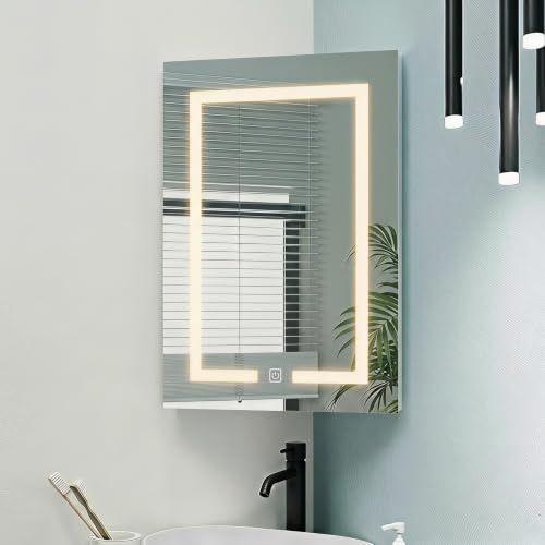Mepplzian Eck Spiegelschrank Bad, LED Badezimmer Eckschrank, 40 x 60 cm | Eckspiegelschrank für Kompakte Räume Entwickelt, Badschrank Hängend mit 3 Regalebenen mit Beleuchtung, Weiß