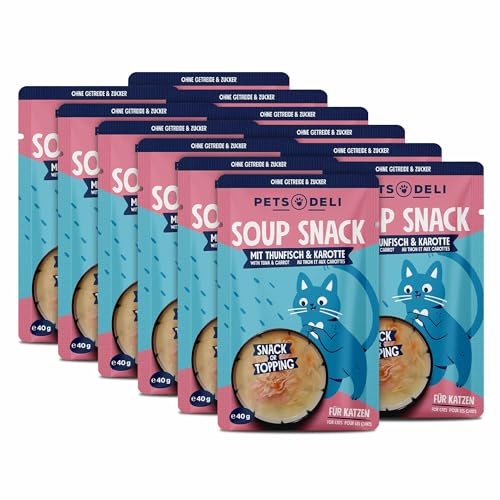 Pets Deli Suppe für Katzen mit Thunfisch, 12x40g | Ideal für wählerische Katzen, Topping & Belohnung, spendet Flüssigkeit, getreidefrei, ohne Zucker, Premium Qualität