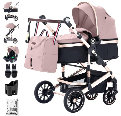 Daliya® NEOMOVE 3in1 Kinderwagen, Buggy & i-Size Babyschale | Alu-Rahmen | Reisekinderwagen & Sportwagen | Großer Einkaufskorb | Stadt & Gelände (Gold-Rosa)