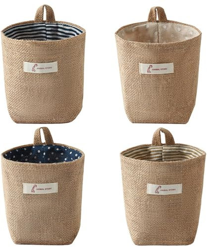 KICPUK 4 Stück Baumwolle Leinen Lagerung Tasche, Wand Montiert Hängekorb Mit Tragegriff für Schlüssel, Spielzeug, Kosmetik - Faltbar