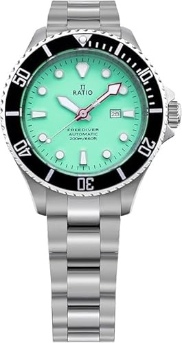 RATIO FreeDiver, orologio da donna automatico RTFL835 in acciaio inossidabile con zaffiro e quadrante verde, 200 m, Verde