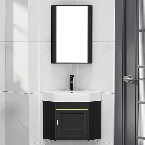 Modernes Eckwaschbecken-Set zur Wandmontage, mit Keramik-Waschbecken, Spiegelschrank und Stauraum, ideal für kleine Räume (Farbe: C, Größe: 38 cm)