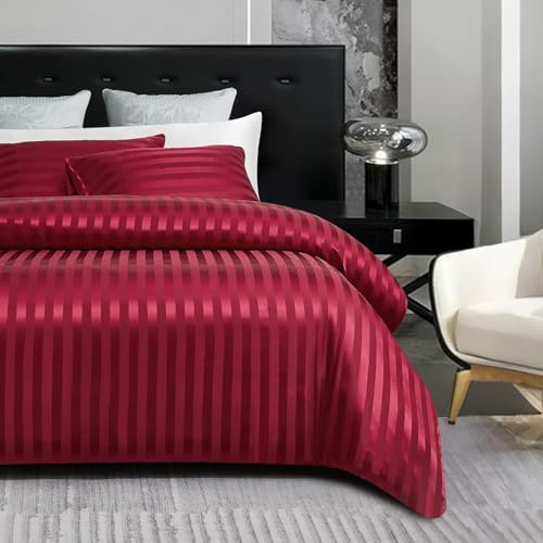 Gezu Copripiumino 220 x 240 cm, in raso rosso vino lucido Deluxe raso rigato, set da letto 220 x 240 cm, morbido setoso di seta, biancheria da letto per 2 persone, adulto, con chiusura lampo e 2