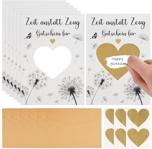 DIY Rubbelkarten mit Umschlägen, 6 Stück Gutschein zum Selber Ausfüllen, mit 6 Kraftpapier Umschläge, und 3 Kratzfilm, Löwenzahn Rubbelkarten Selbst Beschriften, Gutschein Karte, für DIY