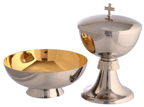 Holyart Set chalice ciborium and paten Molina steel, CiboriumChalice cup diameter: 12 cm|Chalice height: 16 cm|Ciborium diameter: 12 cm|Ciborium height: 18 cm|Paten diameter: 16 cm|Paten height: 6 cm