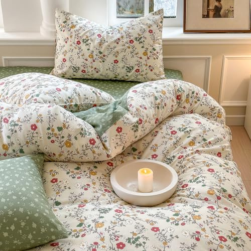 Covebett Bettwäsche 155x220 Baumwolle Beige Grün Blümchen Blumen Vintage | Bettbezug Set 2teilig, Blumenmuster, Pflanzen, Aesthetic, Bettwäsche-Sets, ÖKO-TEX, Reißverschluss, 1 Kissenbezug 80x80 cm