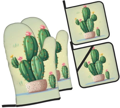 Mitaines De Cuisine Cactus Mignon Professionnel Kitchen Mittens Anti Chaleur Maniques Cuisine pour Cuisson Femmes Barbecue,4 Pièces