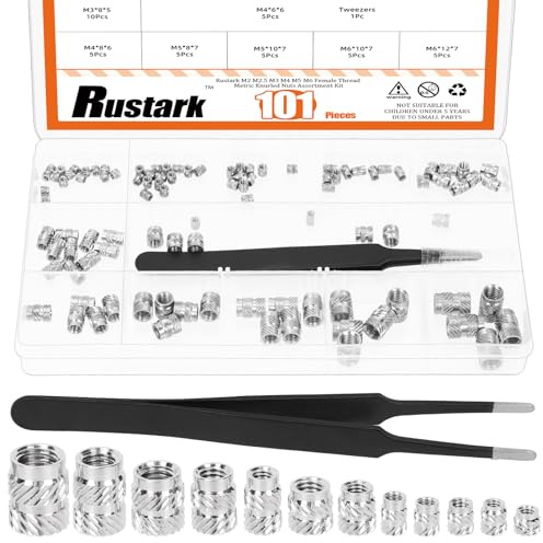 Rustark 101 Stück Gewindeeinsätze Edelstahl Gewindebuchsen Sortiment-Set in 12 Größen mit Pinzette Einschraubmutter Einschmelzgewinde Gerändelt Einpressmuttern für Kunststoff und 3D-Druck Komponenten