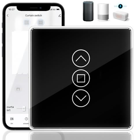 1Pack Interrupteur Volet Intelligent WiFi, Interrupteur de volet roulant 86x86mm avec Contrôle LED, Compatible Alexa Google Home, Programmation Intelligente, Vocale et Contrôle à Distance, Noir