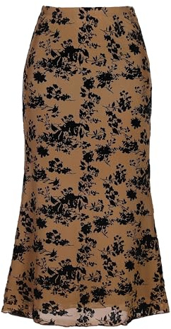 Allegra K Mujer Falda Floral Elástica, De Cintura Alta de Malla con Cola de Pez para Otoño e Invierno Elegante Falda Midi Marrón XL