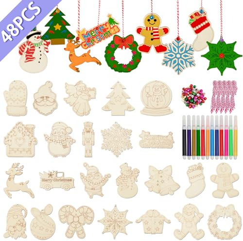 Fayavoo 48 Stück Bastelset Weihnachten Kinder Erwachsene, Holzanhänger Weihnachten zum Bemalen, DIY Weihnachtsdeko mit 6 Formen, Stifte, Glöckchen & Schnur für Weihnachtsbaum