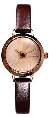 JewelryWe Damenuhr Kleine Uhren mit Lederarmband: Einfache Analog Quarz Armbanduhr Damen Vintage Minimalistische Uhr mit Braun Schmalem Echtleder Leder Armband und Rosegold Gehäuse