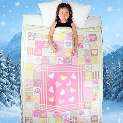 Zinello Design Coperta rinfrescante per ragazze, coperta estiva FrostWeave Q-Max > 0,4 cuori patchwork design coperta traspirante per bambini singolo (150 x 200 cm)
