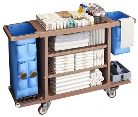 Carro De Limpieza De Hotel, Carro De Limpieza, Limpieza con Bolsa De Gran Capacidad Y Ruedas Y Cesta para Herramientas, para Hoteles, Aeropuertos,Marrón,53.3×18.2in(SM Wheel)