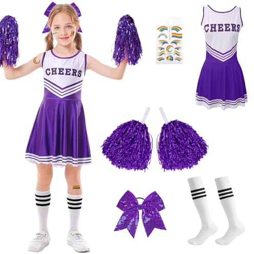 Hengrongshen Cheerleader Kostüm Kinder Lila, Cheerleading Kostüm Mädchen mit Kleid, Pompoms, Socken, Schleife Haarnadel & Sticker, Faschingskostüme Kinder Cheerleader für Karneval Halloween (130)